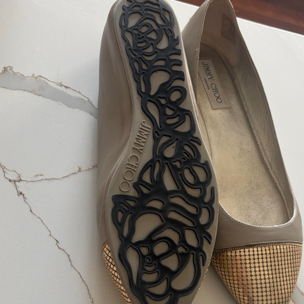 Jimmy Choo Beige and Gold Loafers